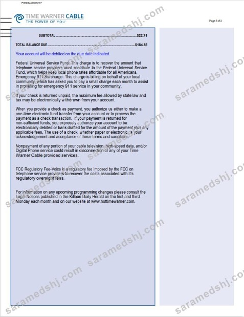 USA Time Warner Cabel utility bill, Word and PDF template, 3 pages 3